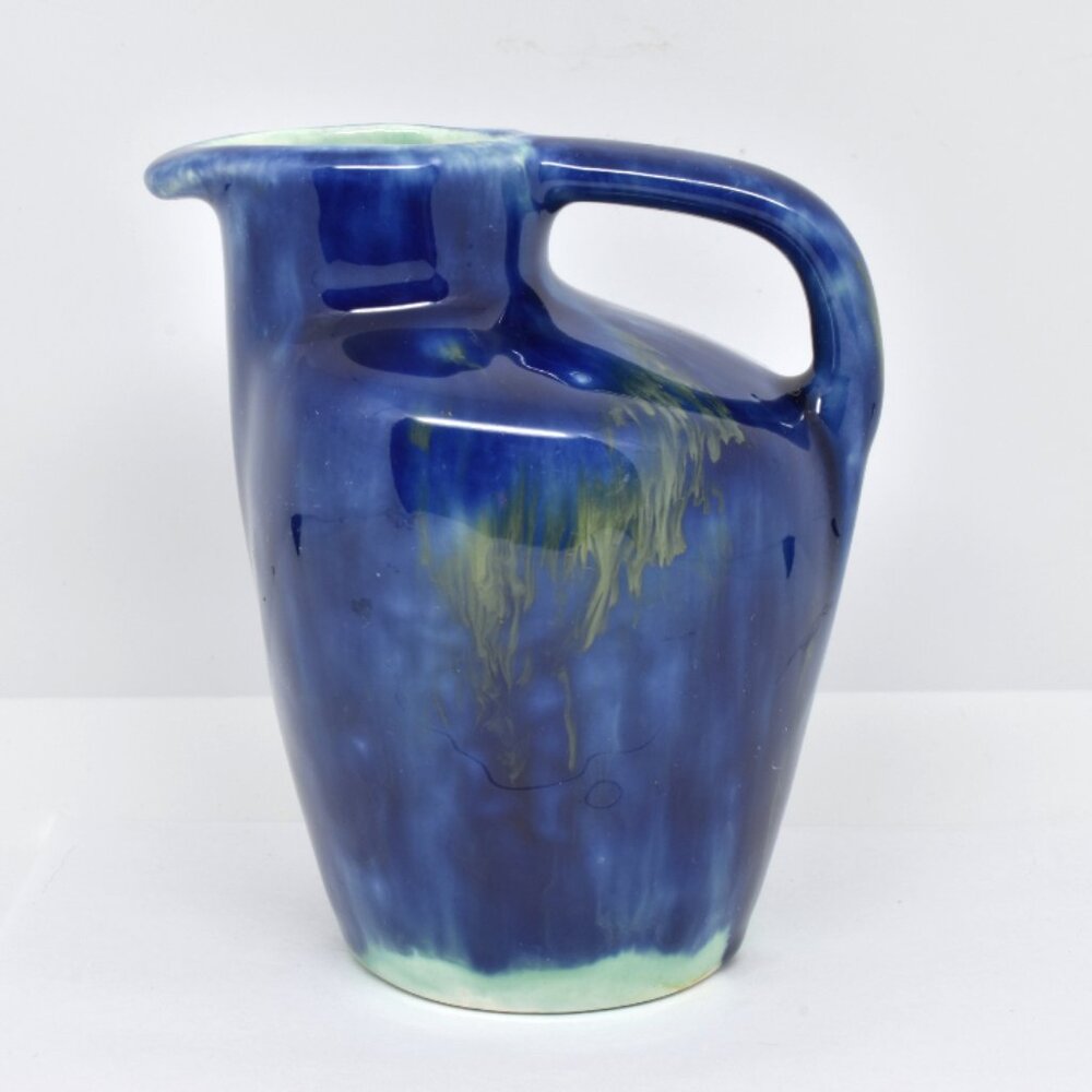 Ceramic Art Pottery Pitcher, Signed, Blue Drip Glaze, 4" Tall